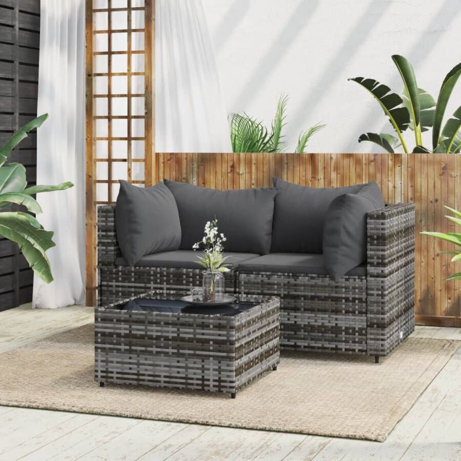 The Living Store Loungeset Grijs Hoekbank 63x63x57.5cm PE-rattan Gehard glas Inclusief kussens Modulair ontwerp Verstelbare poten Levering bevat 2 hoekbanken 1 tafel