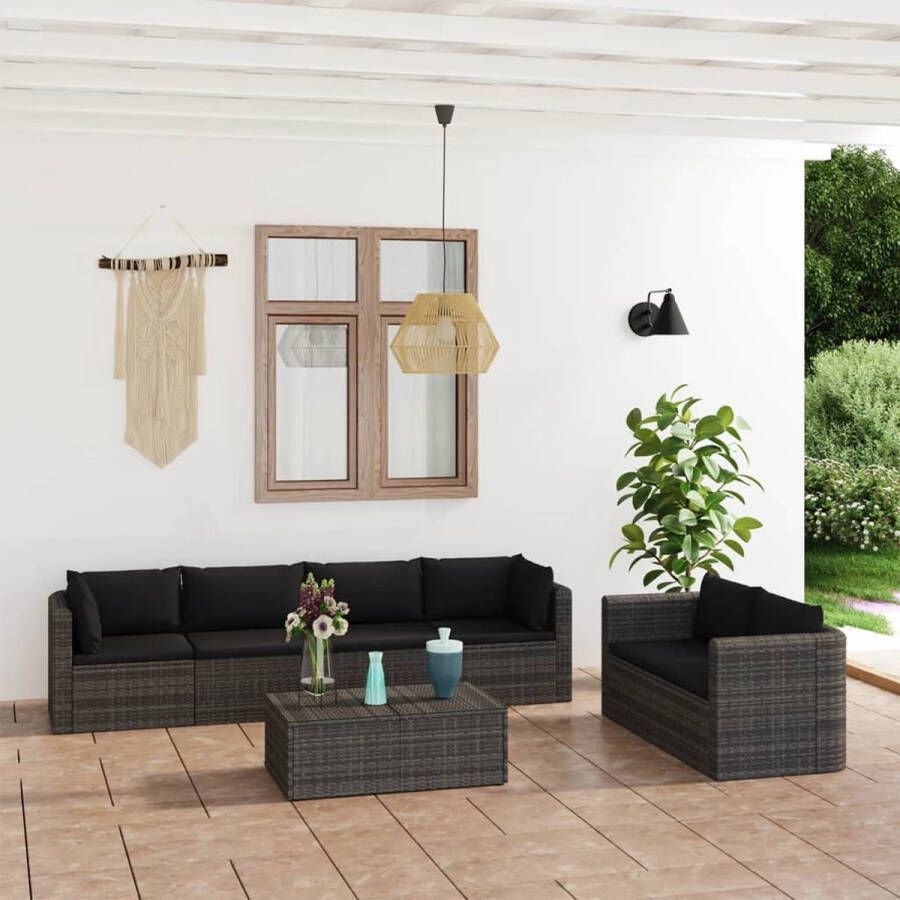 The Living Store Loungeset Grijs PE-rattan Hoekbank (72x72x63cm) Middenbank (68x72x63cm) Salontafel (62x62x33cm) Zitkussens (6cm) Rugkussens (15cm) 4 hoekbank 2 middenbank 1 tafel 6 zitkussen 8 rugkussen