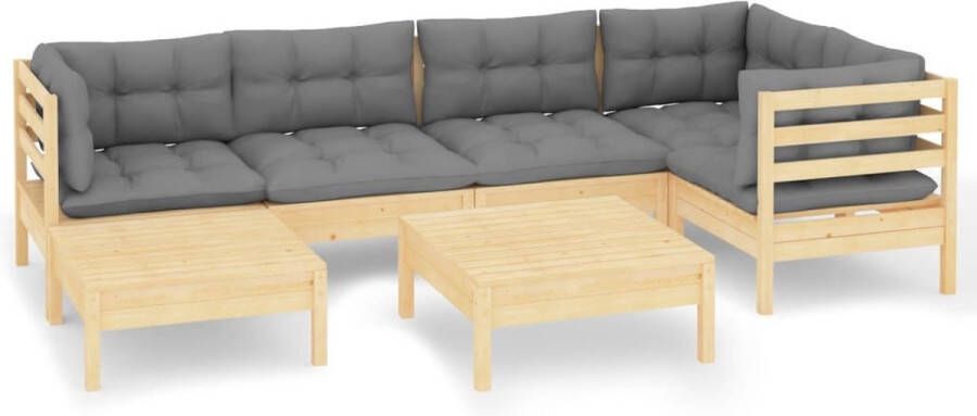 The Living Store Loungeset Hout Hoekbank 63.5x63.5x62.5cm Middenbank 63.5x63.5x62.5cm Voetenbank Tafel 63.5x63.5x28.5cm Kussen Grijs