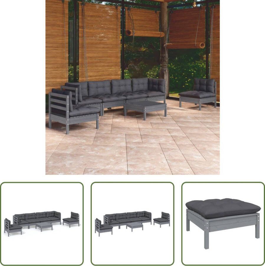 The Living Store Loungeset Massief grenenhout Grijs Antraciet Hoekbank- 63.5x63.5x62.5cm Middenbank- 63.5x63.5x62.5cm Voetenbank Tafel- 63.5x63.5x28.5cm Zitkussen- 60x60x5cm Rugkussen- 60x32x5cm