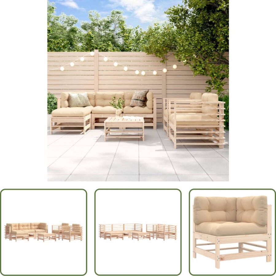 The Living Store loungeset Massief grenenhout Middenbank 57.5x63.5x60 cm Hoekbank 63.5x63.5x60 cm Tuinstoel 63.5x63.5x60 cm Voetenbank salontafel 57.5x57.5x30 cm Beige kussens