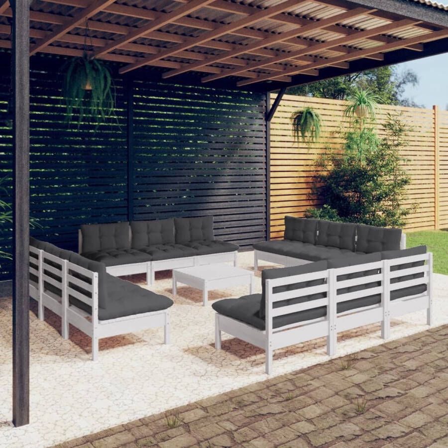 The Living Store Loungeset massief grenenhout wit 12x middenbank 1x voetenbank tafel 13x zitkussen 12x rugkussen