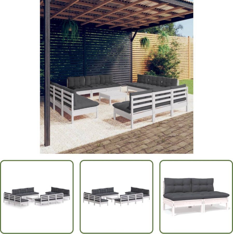 The Living Store Loungeset massief grenenhout wit 12x middenbank 1x voetenbank tafel 13x zitkussen 12x rugkussen