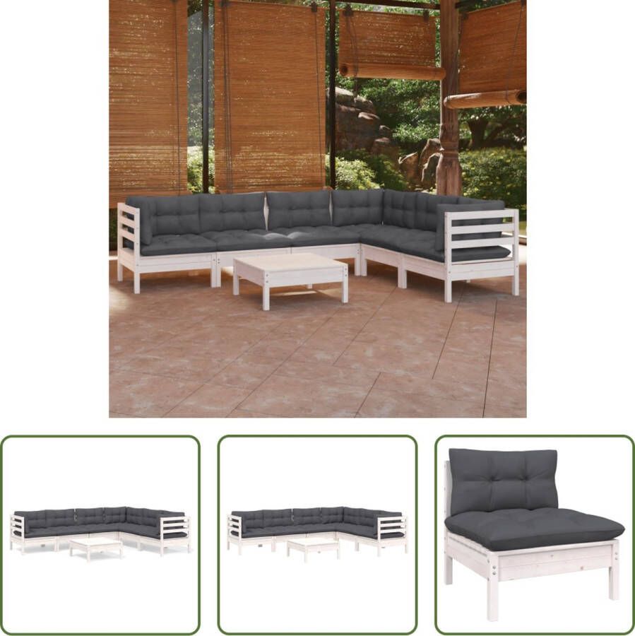 The Living Store Loungeset Massief grenenhout Wit Afmetingen- hoekbank 63.5x63.5x62.5cm middenbank 63.5x63.5x62.5cm voetenbank tafel 63.5x63.5x28.5cm Kussens in antraciet Montage vereist