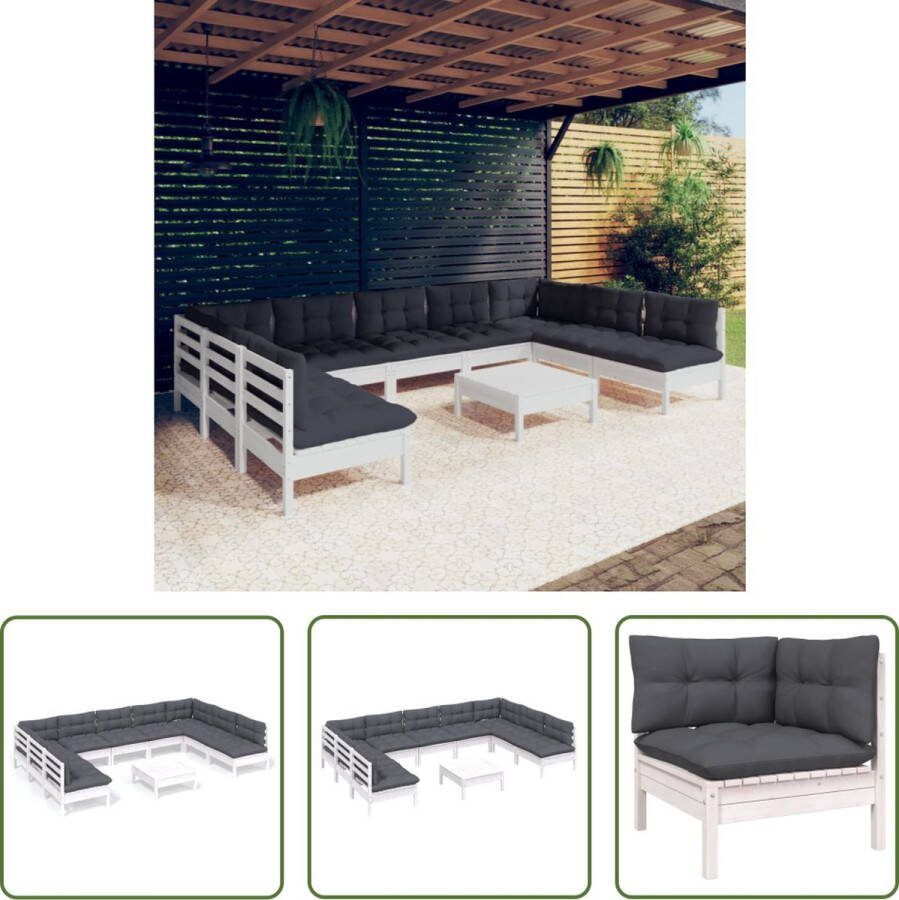 The Living Store Loungeset Massief grenenhout Wit Antraciet Hoekbank- 63.5x63.5x62.5cm Middenbank- 63.5x63.5x62.5cm Voetenbank Tafel- 63.5x63.5x28.5cm Zitkussen- 60x60x5cm Rugkussen- 60x32x5cm