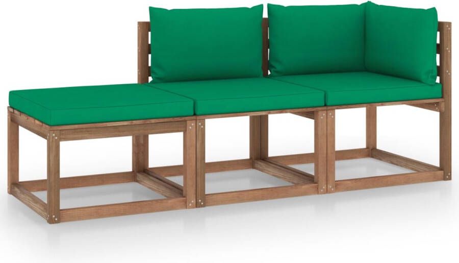 The Living Store Loungeset Pallet Grenenhout Hoekbank 64x64x70 cm Middenbank 60x64x70 cm Voetenbank 60x60x36.5 cm Groen kussen