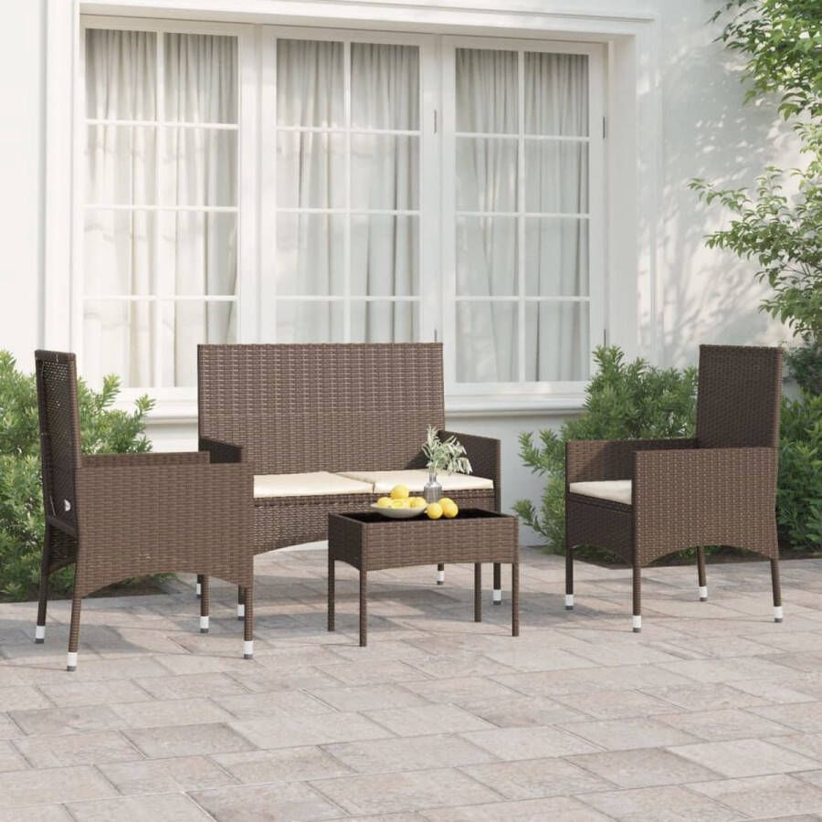 The Living Store Loungeset PE-rattan bruin tafel- 50x30x35cm stoel- 45x51x85cm 2-zitsbank- 90x51x85cm kussen- crèmewit set van 2 stoelen 1 tweezitsbank 1 tafel 4 zitkussens