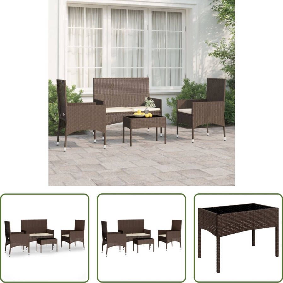 The Living Store Loungeset PE-rattan bruin tafel- 50x30x35cm stoel- 45x51x85cm 2-zitsbank- 90x51x85cm kussen- crèmewit set van 2 stoelen 1 tweezitsbank 1 tafel 4 zitkussens