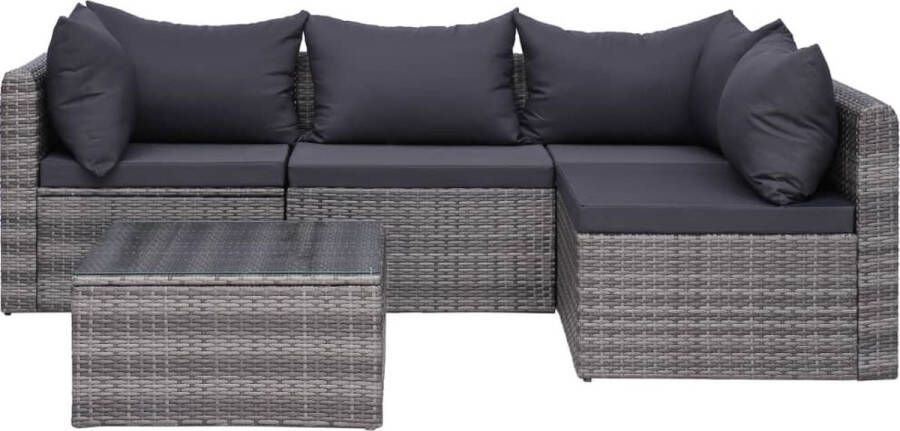 The Living Store Loungeset PE Rattan Grijs Hoekbank Middenbank Salontafel 72 x 72 x 63 cm Inclusief zit- en rugkussens Polyester hoezen Eenvoudig te monteren