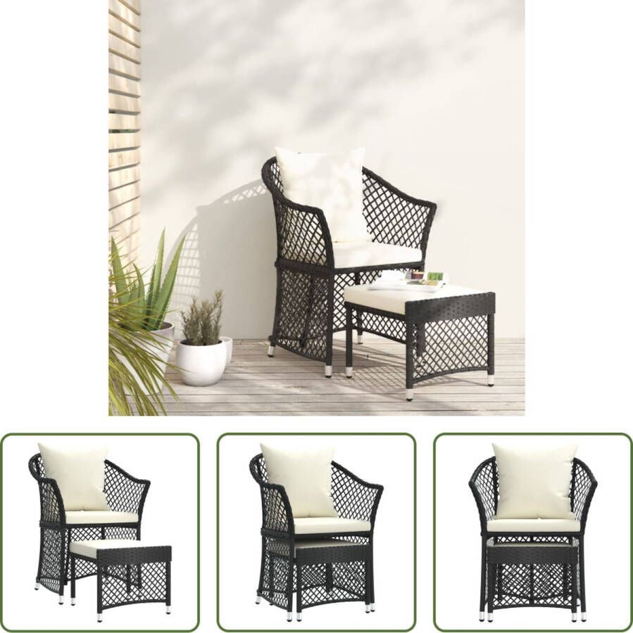 The Living Store Loungeset PE-rattan Zwart Stoel Voetenbank Rugkussen Zitkussen 65x54x84cm Draagvermogen 110kg