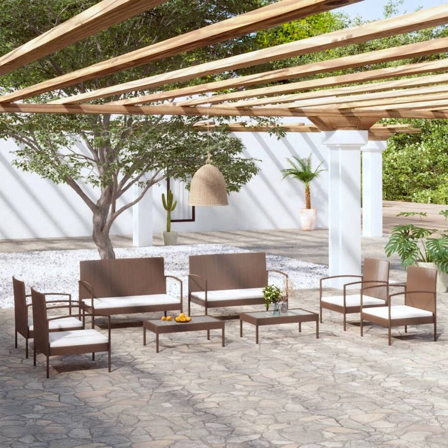 The Living Store Loungeset Poly Rattan Bruin 2-zitsbank Armstoel Tafel 5 cm dik kussen Montage vereist Levering bevat 2x tweezitsbank 4x armstoel 2x tafel 6x zitkussen