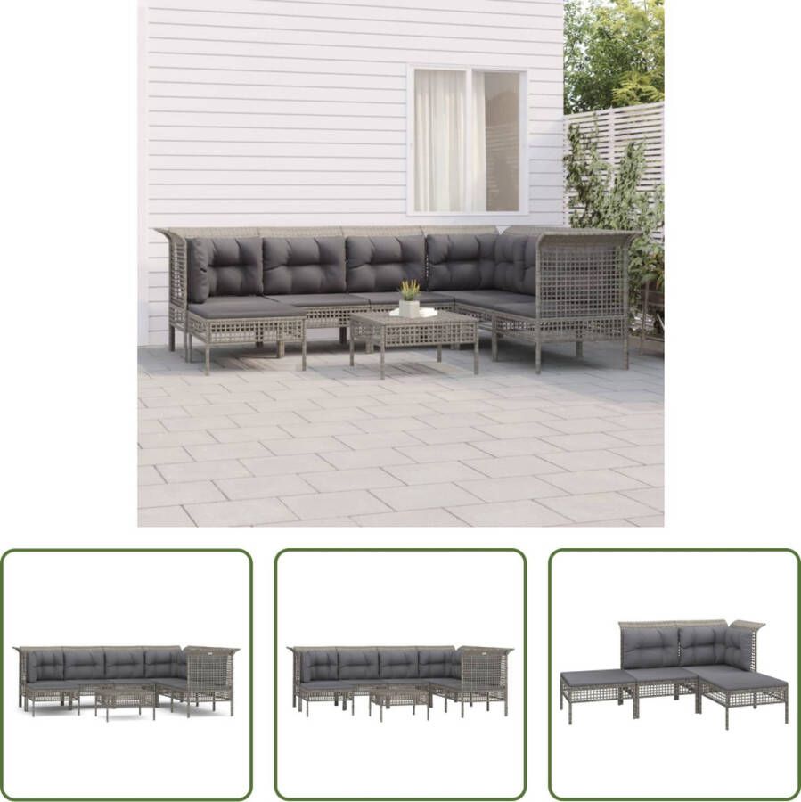 The Living Store Loungeset Poly Rattan Grijs 3 middenbanken 3 hoekbanken 2 voetenbanken Incl 8 zitkussens 9 rugkussens