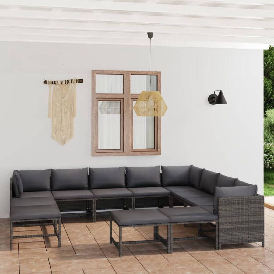 The Living Store Loungeset Poly Rattan Grijs Hoekbank 60x60x60cm Middenbank 54x60x60cm Voetenbank 60x60x32cm