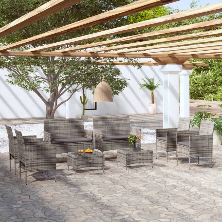 The Living Store Loungeset Poly Rattan Grijs Inclusief kussens 2-zitsbank 4 armstoelen tafel