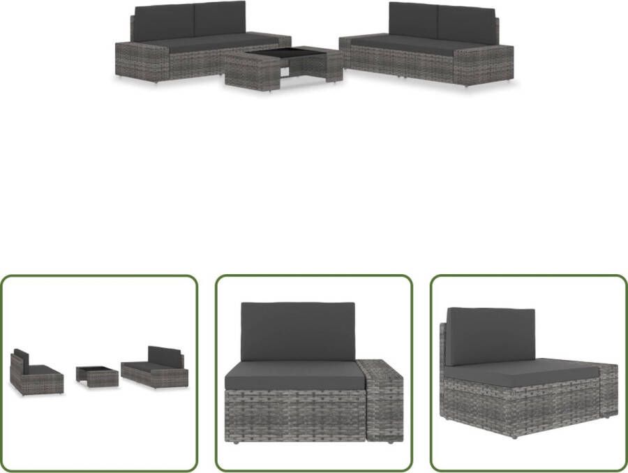 The Living Store Loungeset Poly Rattan Grijs Antraciet Hoekbank 78.5x65.5x52cm Salontafel 90x50x26cm Incl Kussens Montage vereist