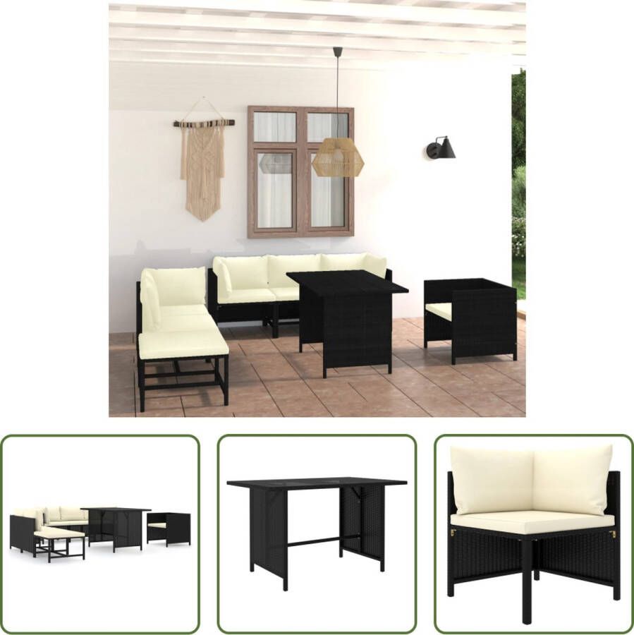 The Living Store Loungeset Poly Rattan Hoekbank Middenbank Eenzitsbank Zwart 60x60x60cm Inclusief Kussens