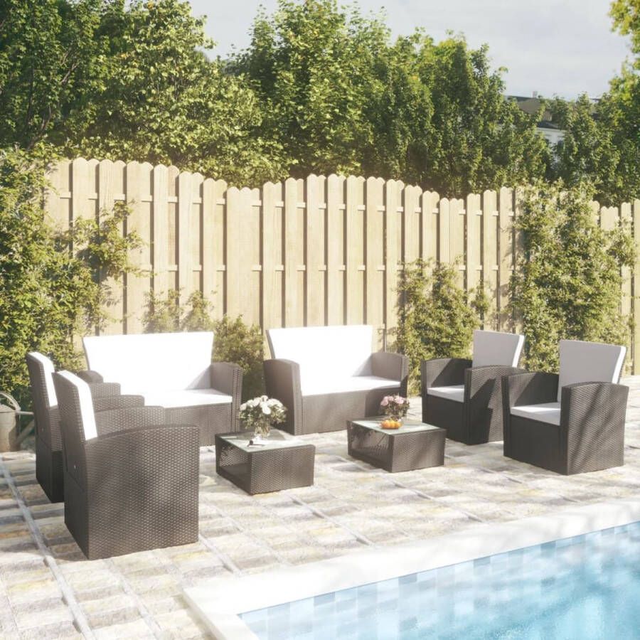 The Living Store Loungeset Poly Rattan Zwart 2 tafels 2 tweezitsbanken 4 armstoelen 6 zitkussens 6 rugkussens