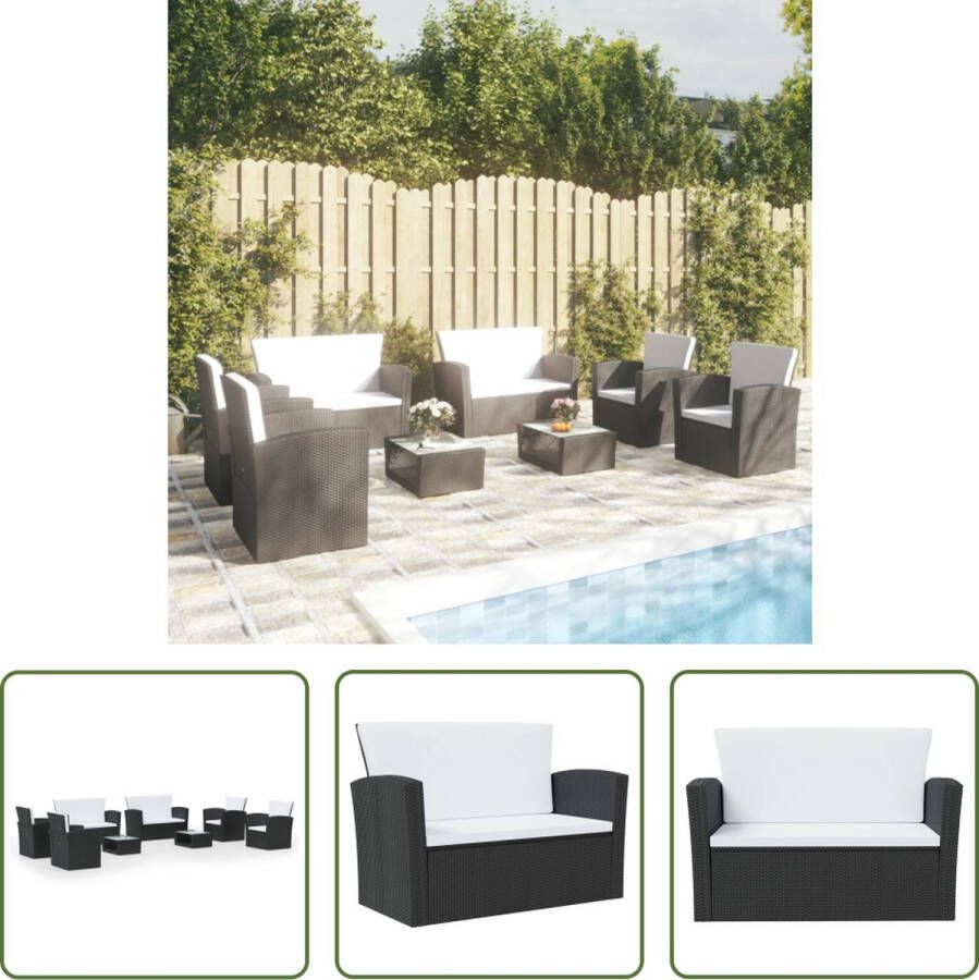 The Living Store Loungeset Poly Rattan Zwart 2 tafels 2 tweezitsbanken 4 armstoelen 6 zitkussens 6 rugkussens