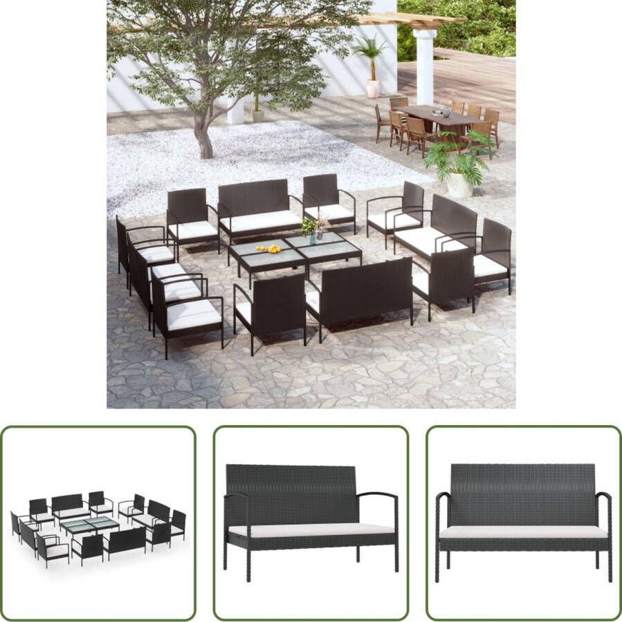 The Living Store Loungeset Poly Rattan Zwart 2-zitsbank 106x59x73cm Armstoel 58x59x74cm Tafel 75x40x37cm Montage vereist Inclusief 12 zitkussens