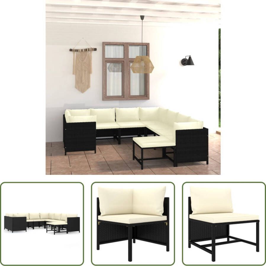 The Living Store Loungeset Poly Rattan Zwart Hoekbank 60x60x60cm Middenbank 54x60x60cm Voetenbank 60x60x32cm Inclusief kussens (9 zitkussens 12 rugkussens) Montage vereist