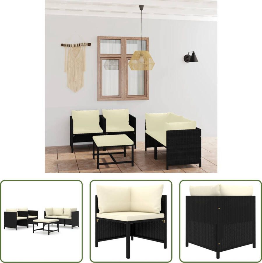 The Living Store Loungeset Poly Rattan Zwart Hoekbank Eenzitsbank Salontafel 60 x 60 cm Comfortabele kussens