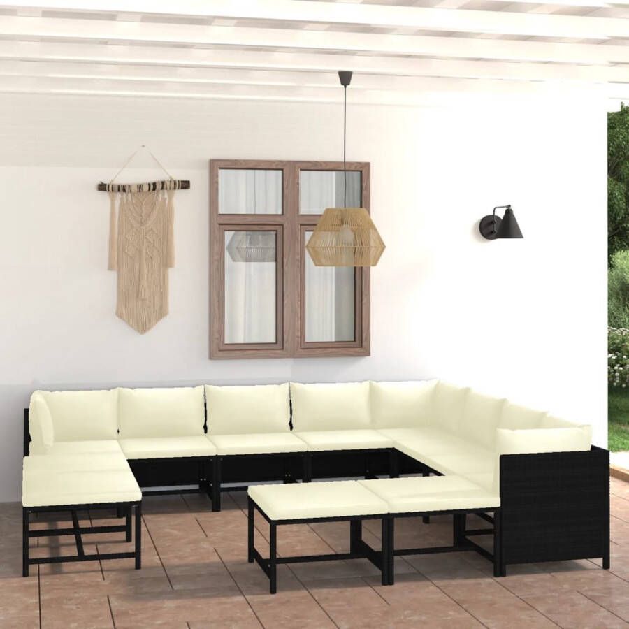 The Living Store Loungeset Poly Rattan Zwart Modulair Hoekbank- 60x60x60cm Middenbank- 54x60x60cm Voetenbank- 60x60x32cm Inclusief kussens