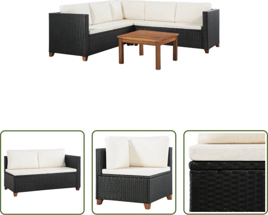 The Living Store Loungeset Poly Rattan Zwart Crèmewit PE Rattan Gepoedercoat Staal Acaciahout 2-zitsbank Hoekbank Salontafel Kussens Zitkussens Montage vereist Weerbestendig Onderhoudsvriendelijke hoezen 150 karakters