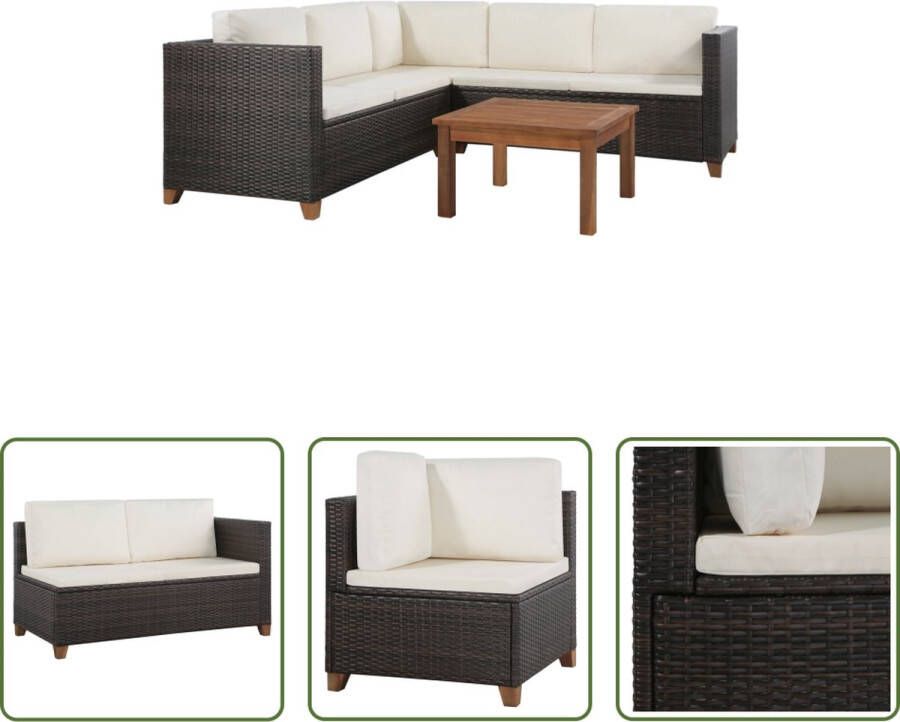 The Living Store Loungeset Rattan 2-zitsbanken hoekbank salontafel kussens PE Rattan Bruin en Crèmewit Afmetingen beschikbaar Levering bevat- 2x tweezitsbank 1x hoekbank 1x tafel 6x kussen 5x zitkussen