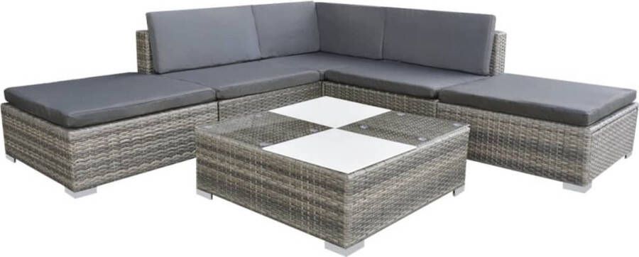 The Living Store Loungeset Rattan Grijs 6 cm Kussens Hoekbank Middenbank Hockers Salontafel 150x150x52.5 cm