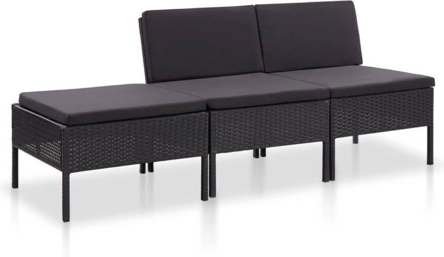 The Living Store Loungeset Rattan Zwart 2x Middenbank 1x Voetenbank 2x Rugkussen 3x Zitkussen