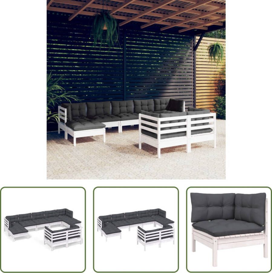 The Living Store Loungeset Tuinmeubel Massief grenenhout Wit Hoekbank Middenbank Voetenbank Tafel 63.5x63.5x62.5cm Antraciet kussen 100% polyester stof