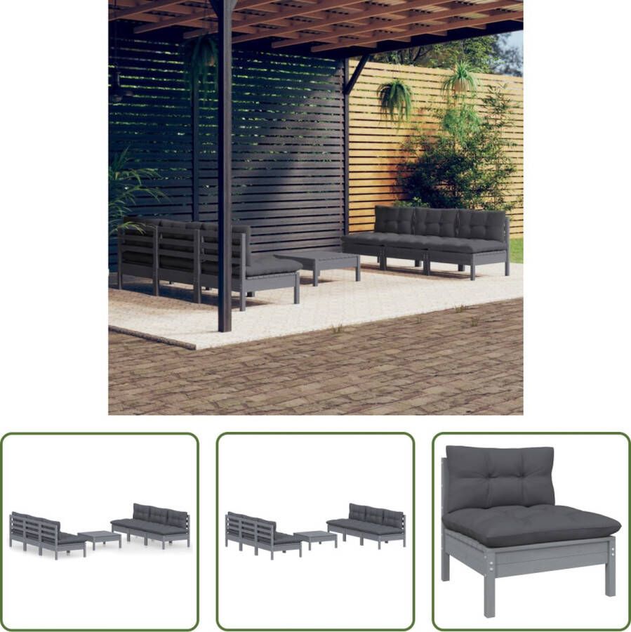 The Living Store Loungeset Tuinmeubelen 6x middenbank 1x voetenbank tafel Grijs Antraciet kussens Massief grenenhout