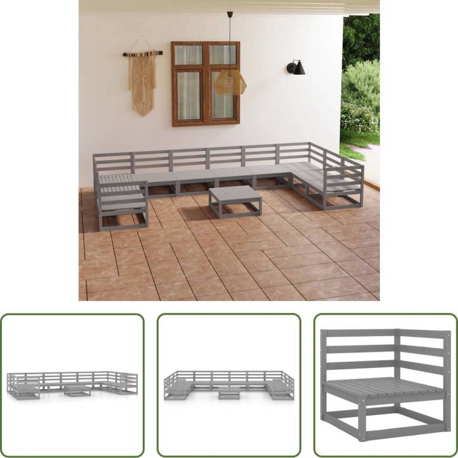 The Living Store Loungeset Tuinmeubelen 6x Middenbank 4x Hoekbank 1x Tafel Voetenbank Grenenhout Grijs 70x70x67 cm 70x70x30 cm