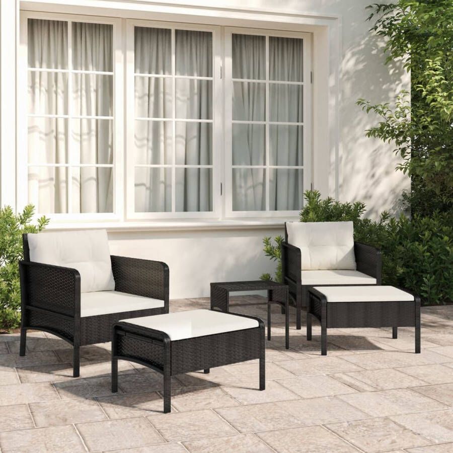 The Living Store Loungeset Zwart PE-rattan met metalen frame Complete set met 2 stoelen 2 voetenbanken 1 tafel en kussens