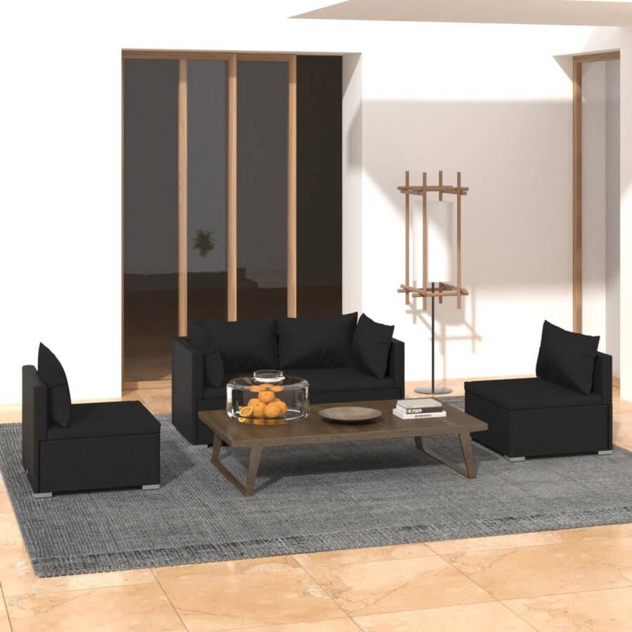 The Living Store Loungeset Zwart PE-rattan Modulair Design Stevig Staal Waterdichte Kussens Midden- en Hoekbanken Afmeting-70x70x60.5 Montage Vereist Inclusief 4 zitkussens 6 rugkussens