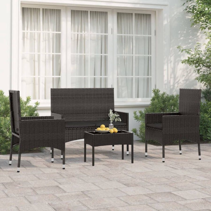 The Living Store Loungeset Zwart Poly Rattan 1x Tweezitsbank 2x Stoel 1x Salontafel 4x Zitkussen Duurzaam Materiaal