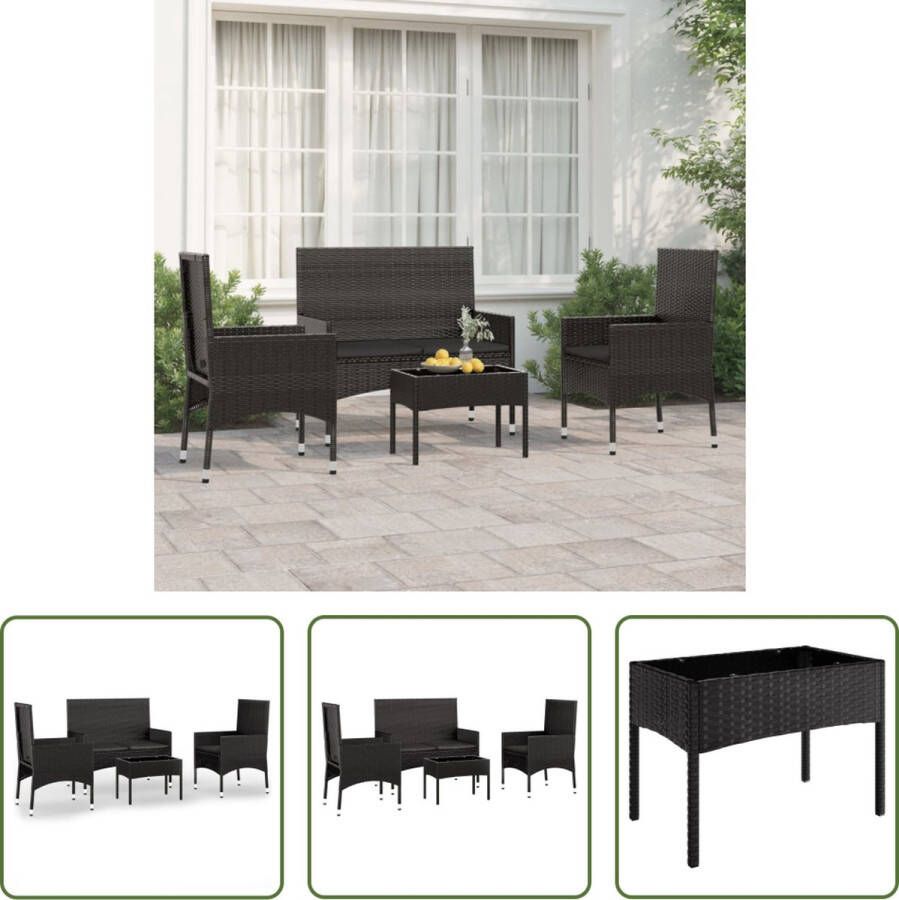 The Living Store Loungeset Zwart Poly Rattan 1x Tweezitsbank 2x Stoel 1x Salontafel 4x Zitkussen Duurzaam Materiaal