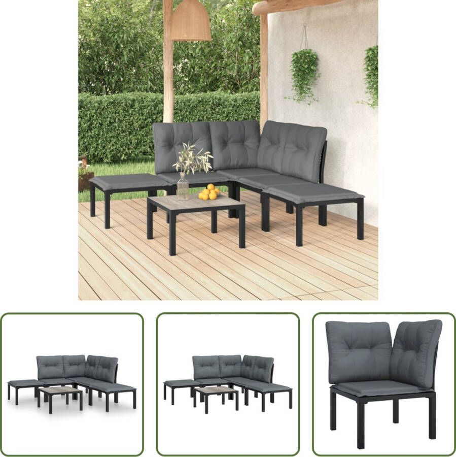 The Living Store Loungeset Zwarte PE-rattan 110 kg 1 tafel 1 hoekstoel 2 enkele stoelen 2 voetenbanken 5 zitkussens 4 rugkussens