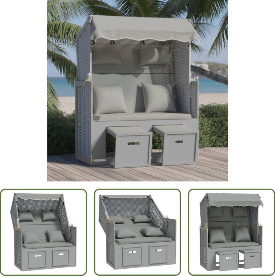 The Living Store Loungestoel Comfort+ Grijs Houten frame Poly rattan Luifel Uitschuifbare voetensteun Verstelbare rugleuning Inclusief hoofd- en rugkussens Montage vereist