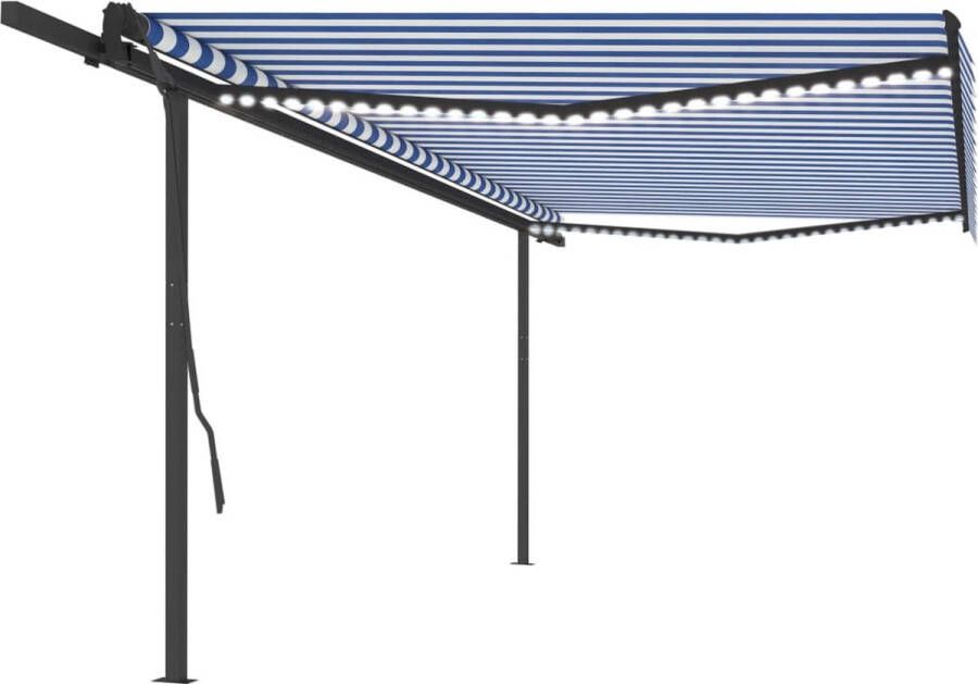 The Living Store Luifel Handmatig uitschuifbaar 500x350 cm Roestbestendig aluminium frame Polyester stof met PU-coating Blauw wit Antraciet frame Inclusief solar LEDs