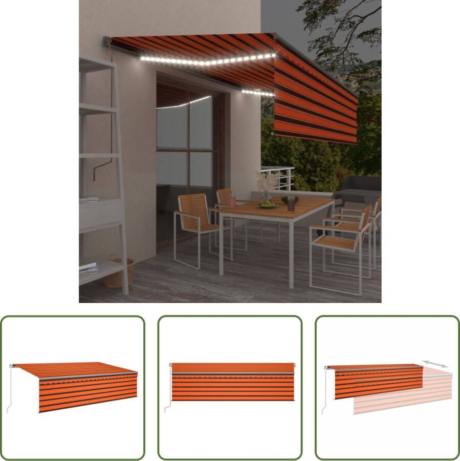 The Living Store Luifel Uitschuifbaar 5 x 3 m Aluminium frame UV- en waterbestendig Solar LED Oranje Bruin