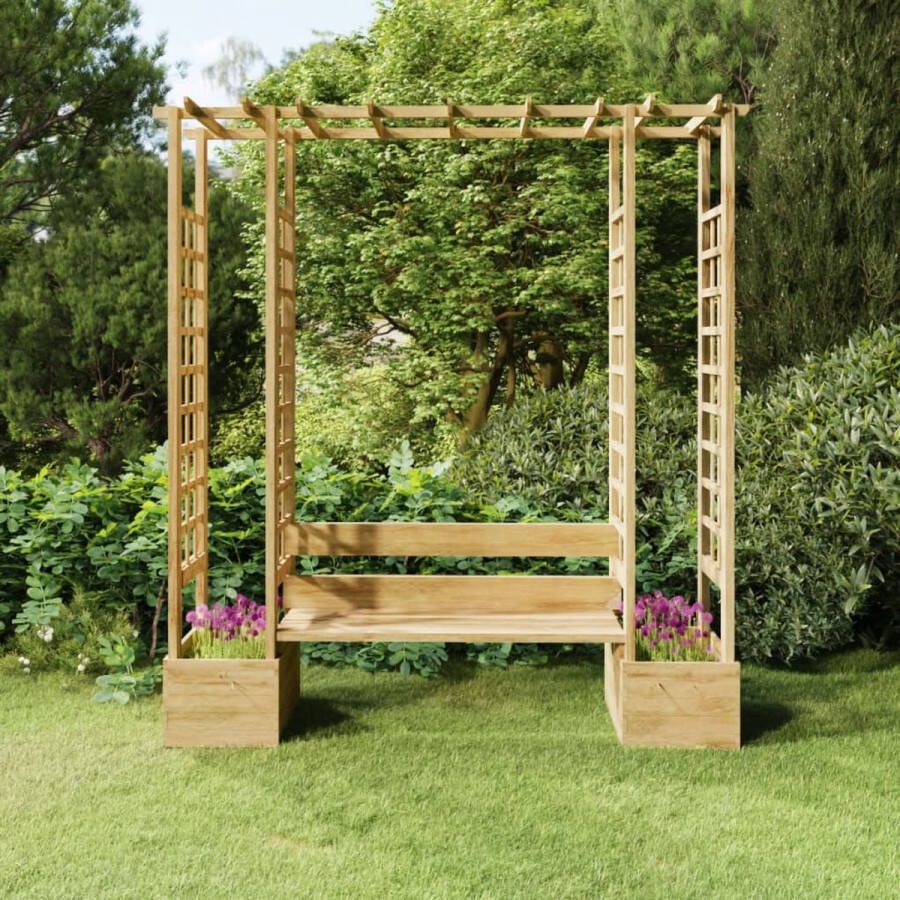 The Living Store Massief Grenenhouten Pergola Tuinboog met Bank en Plantenbakken 230x60x198 cm Groen Geïmpregneerd