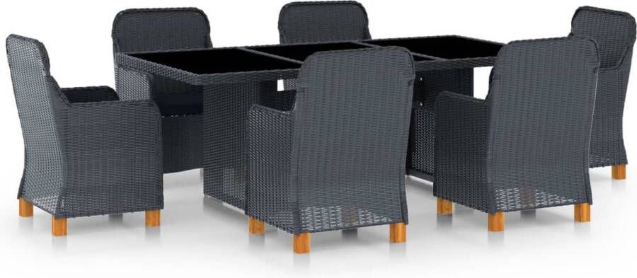 The Living Store meubelset donkergrijs poly rattan zwart kussen rond PE-rattan massief acaciahout gepoedercoat staal gehard glas 200x100x74 cm