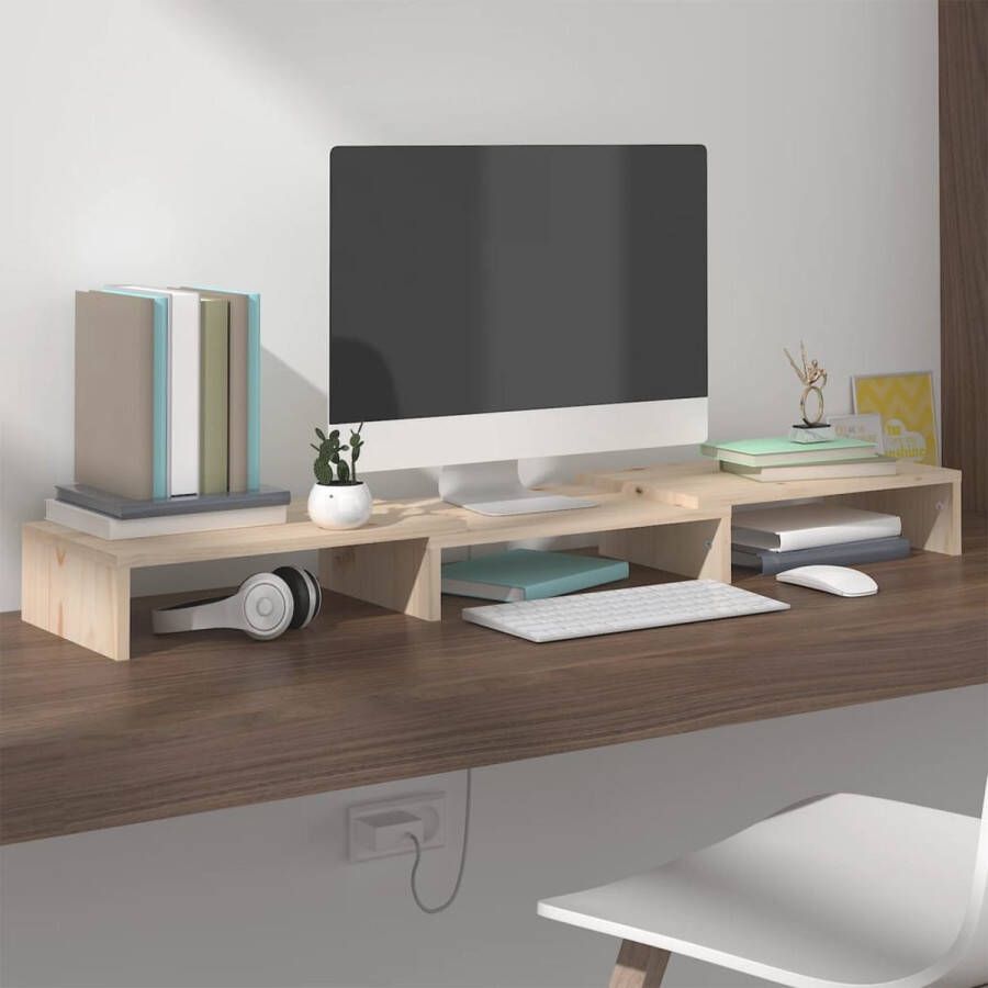 The Living Store Monitorstandaard Verhoogt je monitor met opbergfunctie Hoogwaardig grenenhout Verstelbare lengte Afmetingen 80 x 24 x 10.5 cm