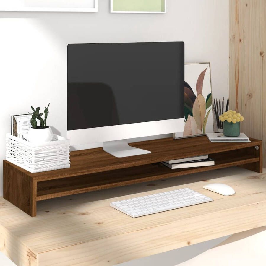 The Living Store Monitorstandaard Schermverhoger 100 x 24 x 13 cm Ken- Bruineiken Materiaal- Bewerkt hout