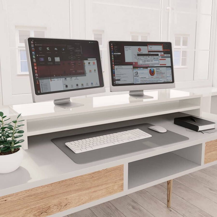 The Living Store monitorstandaard Verhoogt tot perfecte hoogte Geschikt voor 2 schermen Hoogglans wit 100 x 24 x 13 cm Bewerkt hout