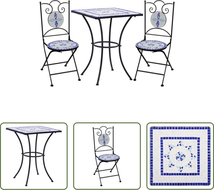 The Living Store Mozaïek Bistroset Blauw en wit Gepoedercoat ijzeren frame Keramische tegels Tafel- 60 x 60 x 76 cm Stoel- 37 x 44 x 89 cm