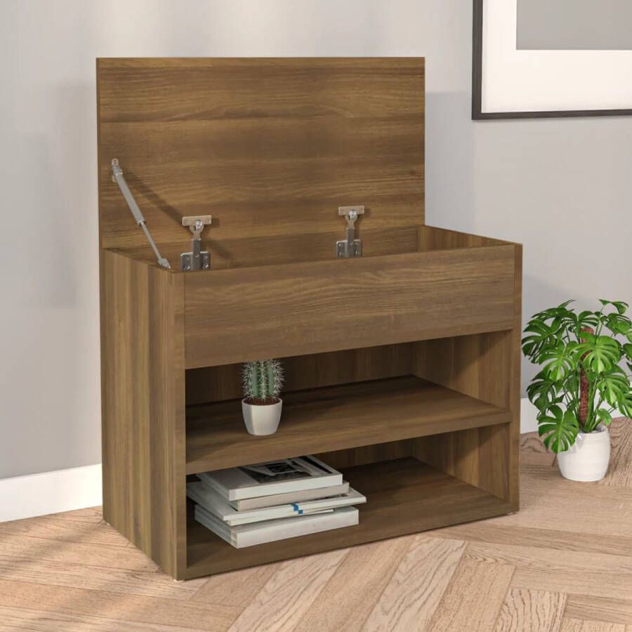 The Living Store Opbergbank Bruineiken Schoenenrek met 2 schappen en kist 60 x 30 x 45 cm Bewerkt hout