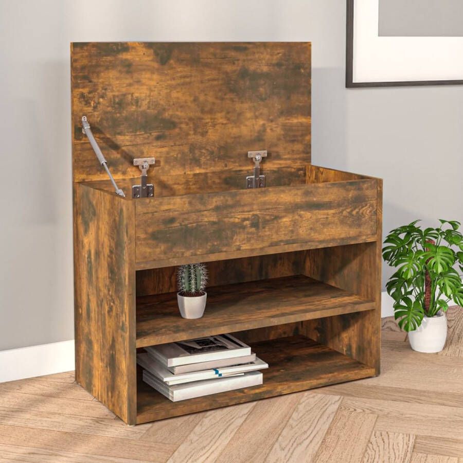 The Living Store Opbergbank Gerookt Eiken Schoenenbank met Schappen en Kist 60 x 30 x 45 cm Bewerkt Hout