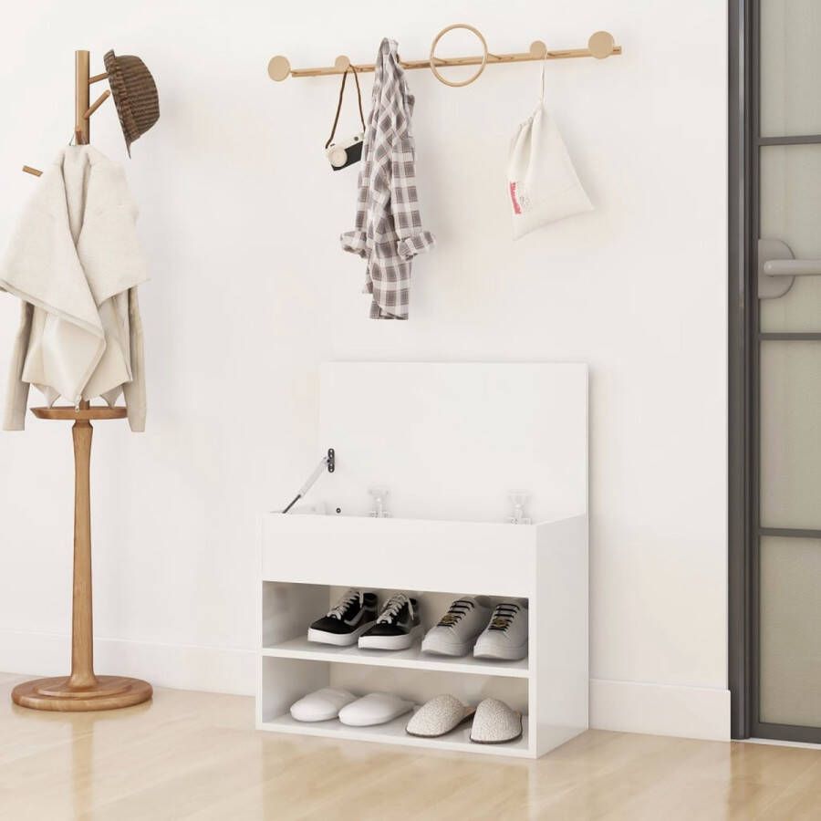 The Living Store Opbergbank White 60x30x45 cm Schoenenkast met 2 schappen en bak Montage vereist